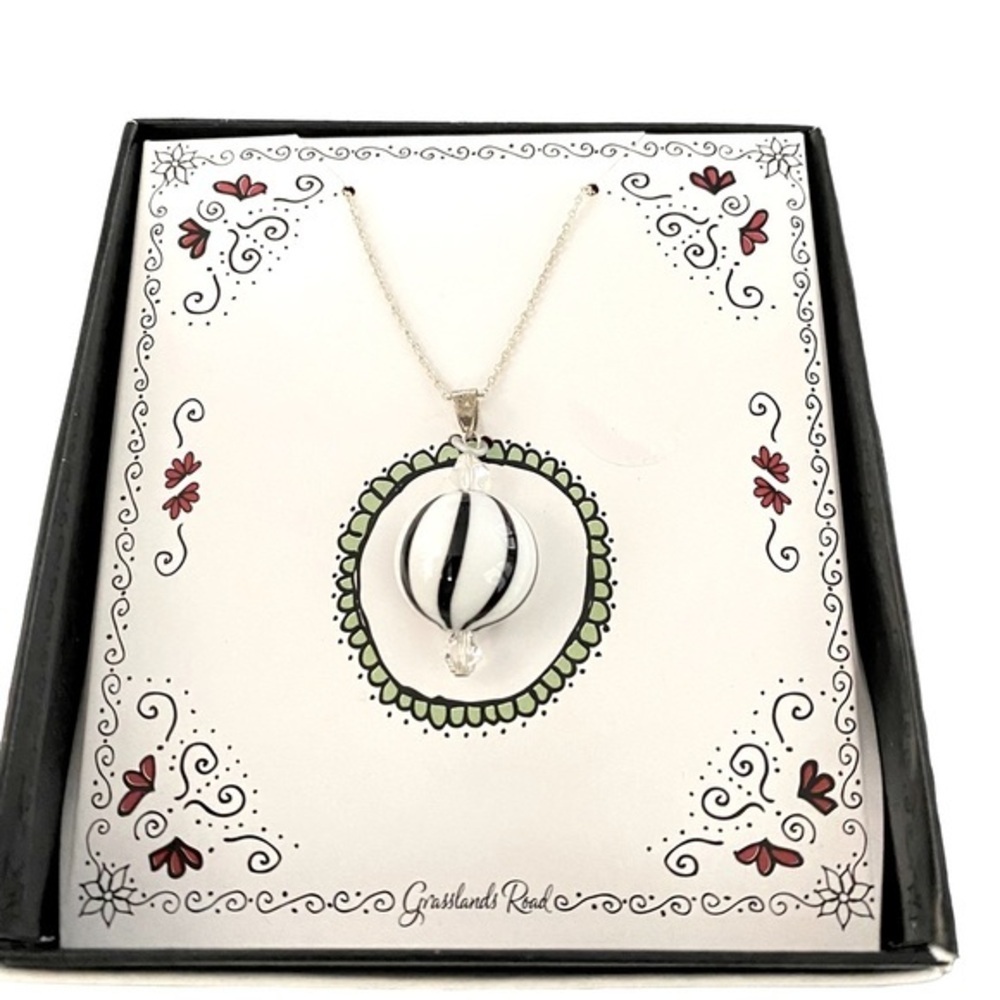 Studio 100 Life's A Ball Hand Blown Glass Pendant on Necklace Black and White